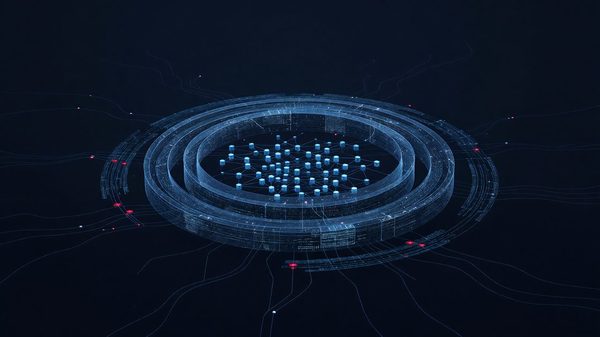 Hospital network servers behind a translucent shield icon representing cybersecurity defenses