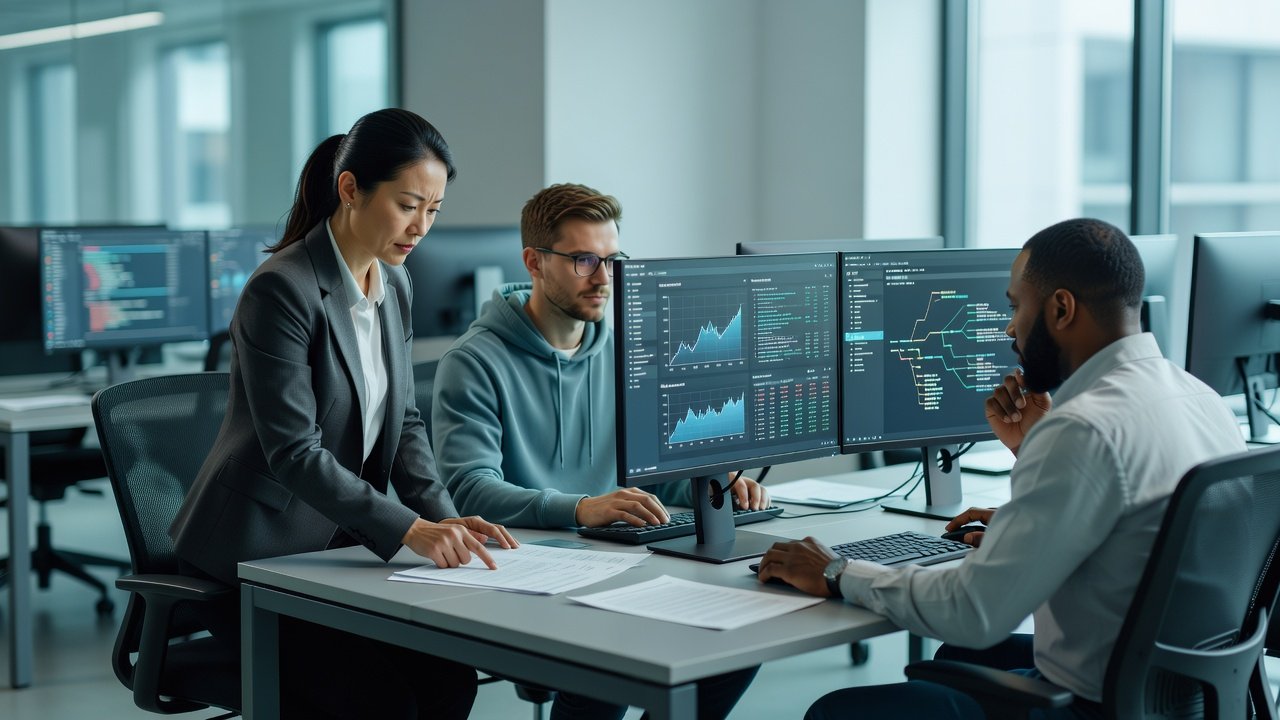 Software developers reviewing health data interoperability specifications and version control on office monitors